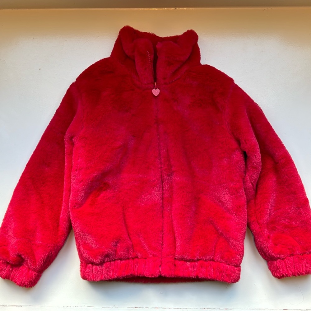 Red Faux Fur Jacket. Lined. Size 4.